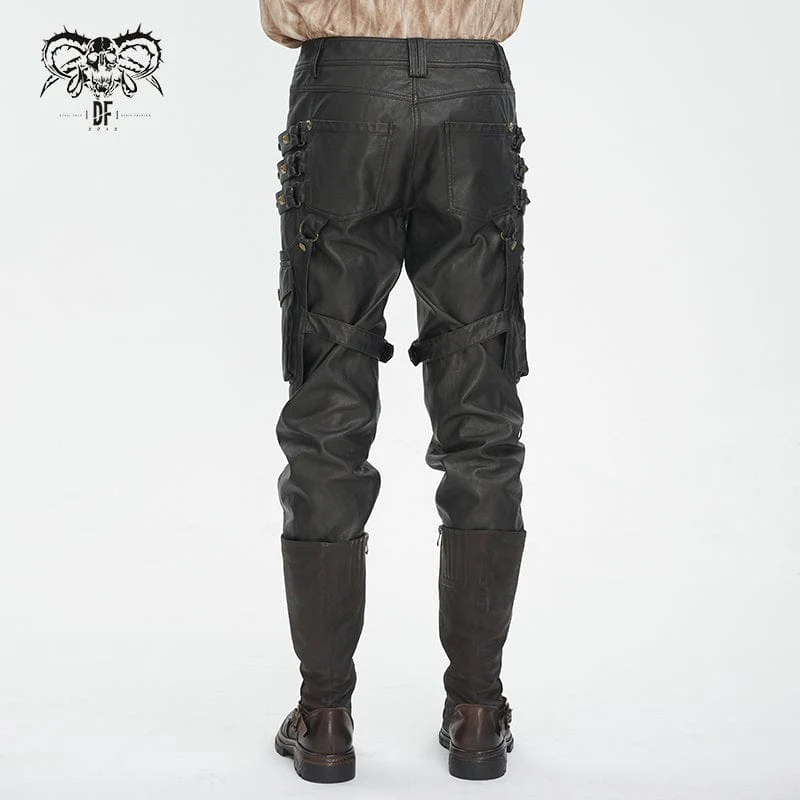 Pantaloni gotici da uomo in ecopelle con borchie color bronzo con tasche grandi - immagine 5
