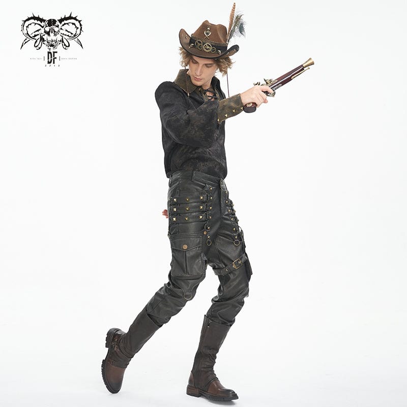 Pantaloni gotici da uomo in ecopelle con borchie color bronzo con tasche grandi - immagine 6