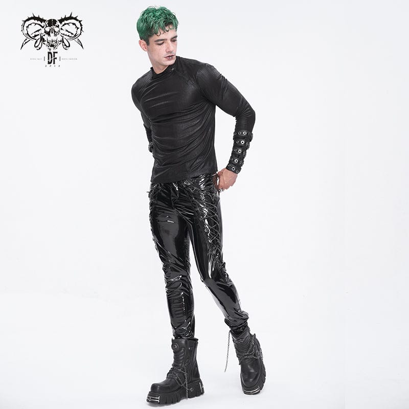 Pantaloni da uomo in pelle verniciata con lacci punk - immagine 7