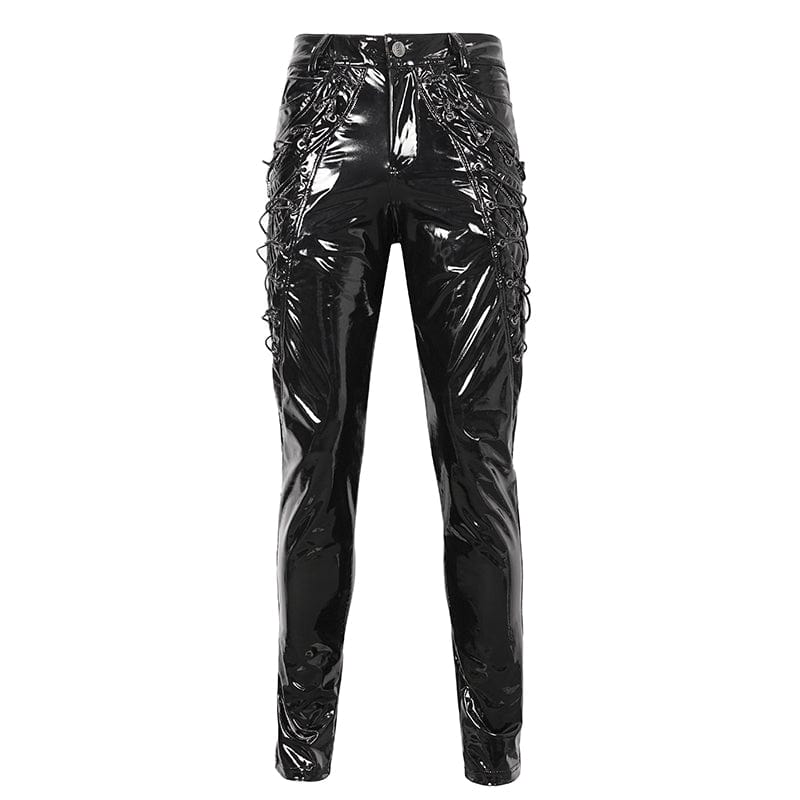 Pantaloni da uomo in pelle verniciata con lacci punk - immagine 8