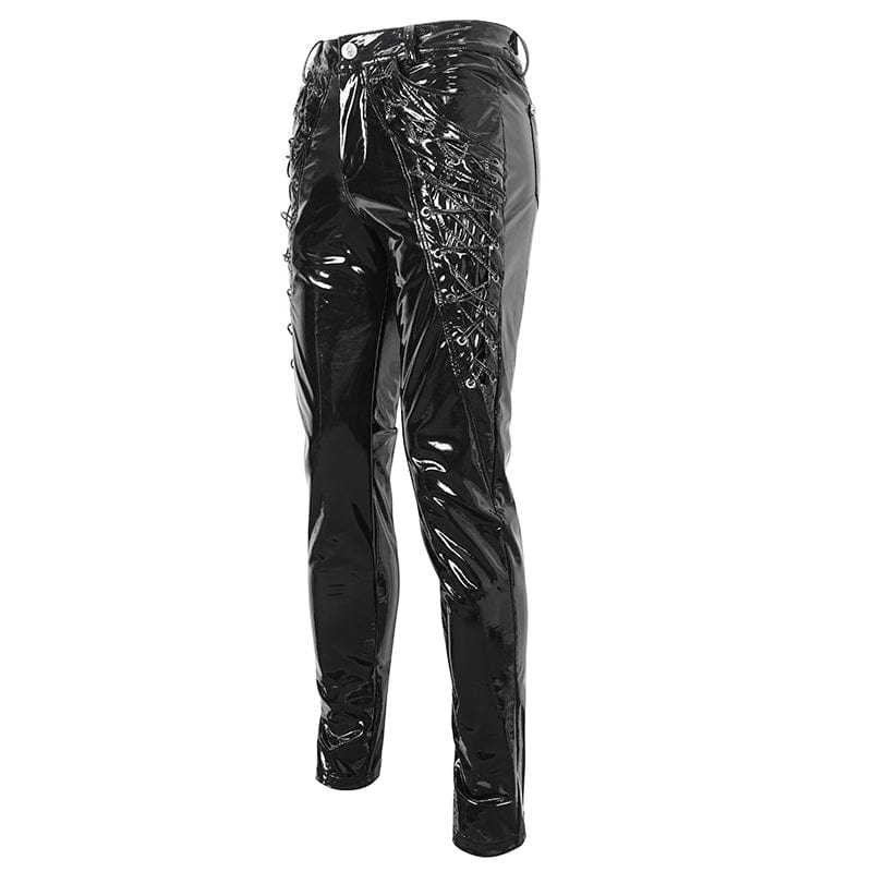 Pantaloni da uomo in pelle verniciata con lacci punk - immagine 9