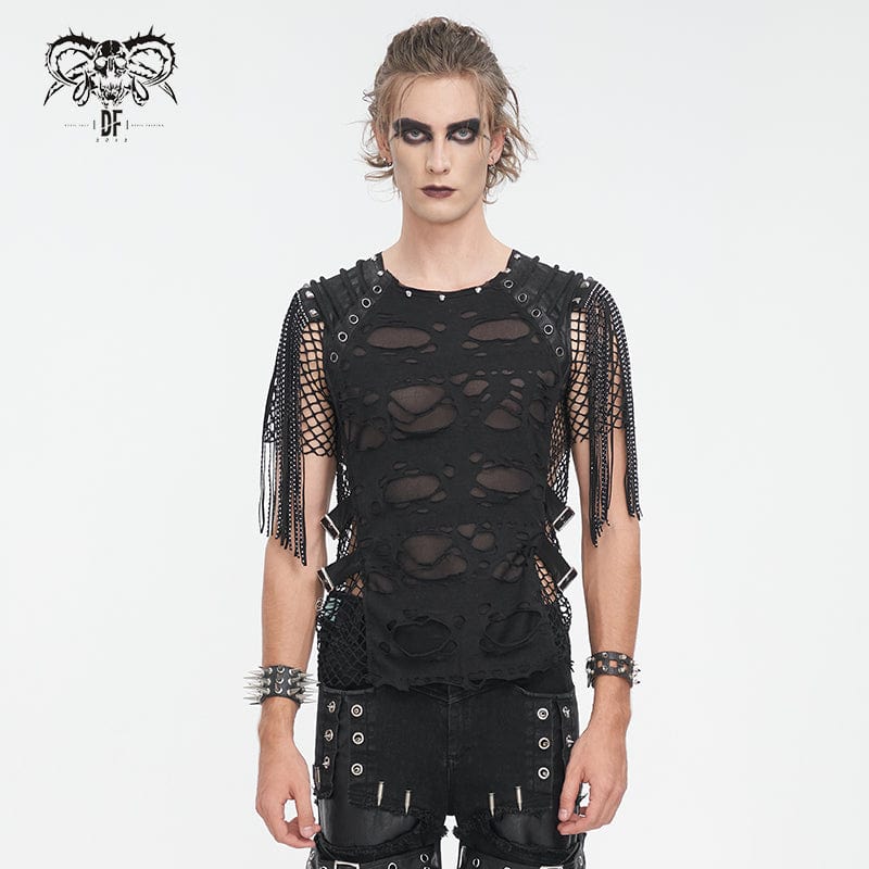 T-shirt da uomo con giunture in rete con nappe strappate punk - immagine 2