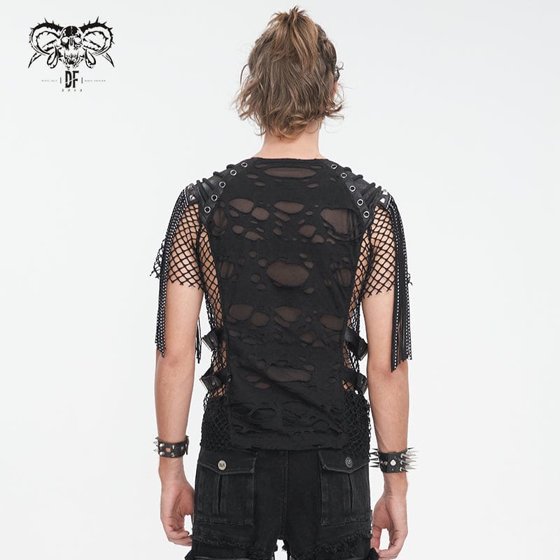 T-shirt da uomo con giunture in rete con nappe strappate punk - immagine 5