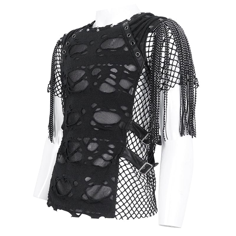 T-shirt da uomo con giunture in rete con nappe strappate punk - immagine 9
