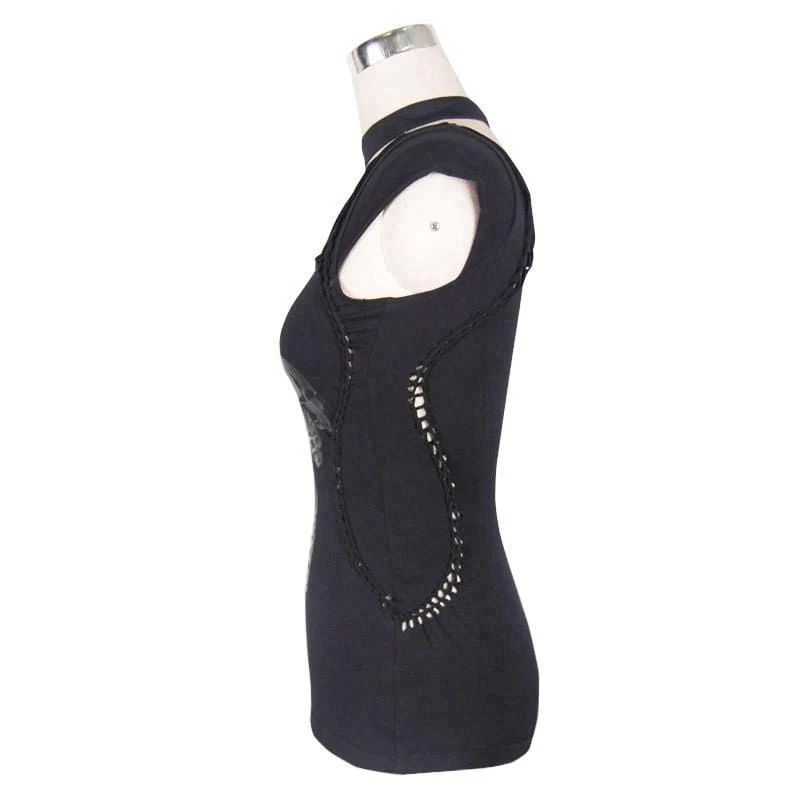 T-Shirt asimmetrica Goth da donna con disegno scheletro - immagine 5