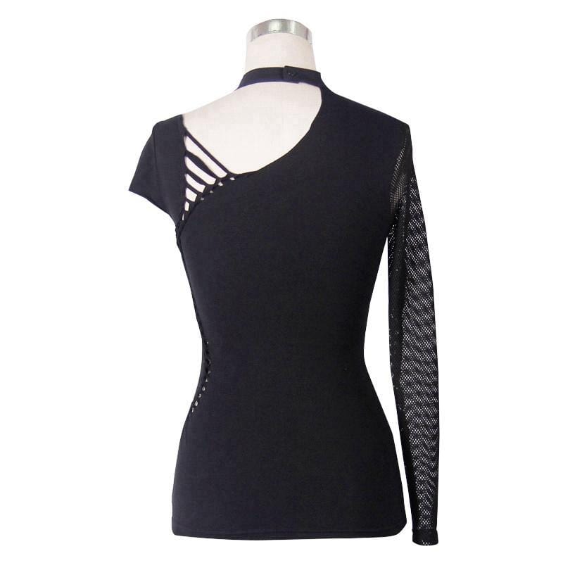 T-Shirt asimmetrica Goth da donna con disegno scheletro - immagine 7