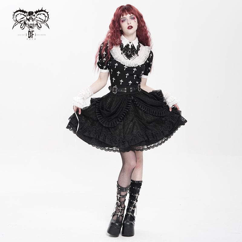 Gonna con orlo multistrato e cinturino con fibbia gotica da donna, nera - immagine 5