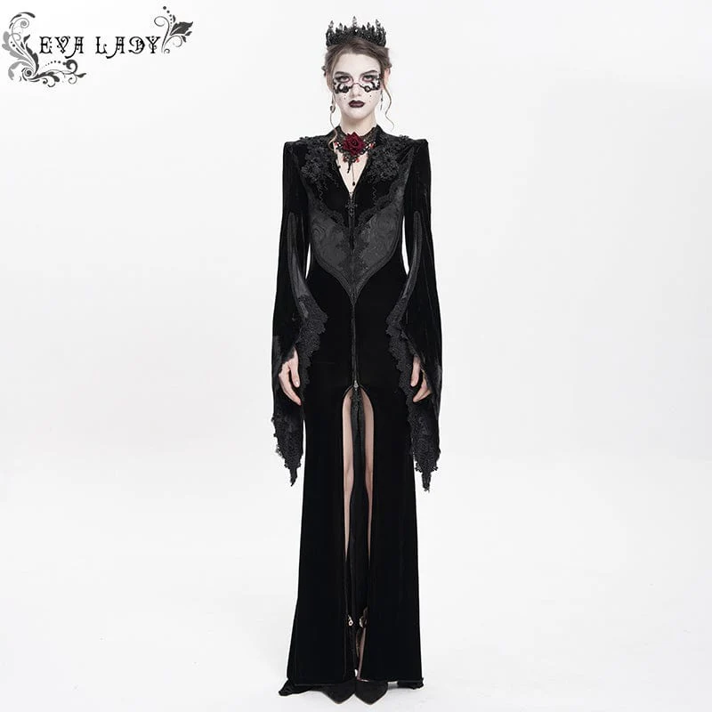 Abito da sposa lungo in velluto con ricami floreali gotici da donna, nero - immagine 2