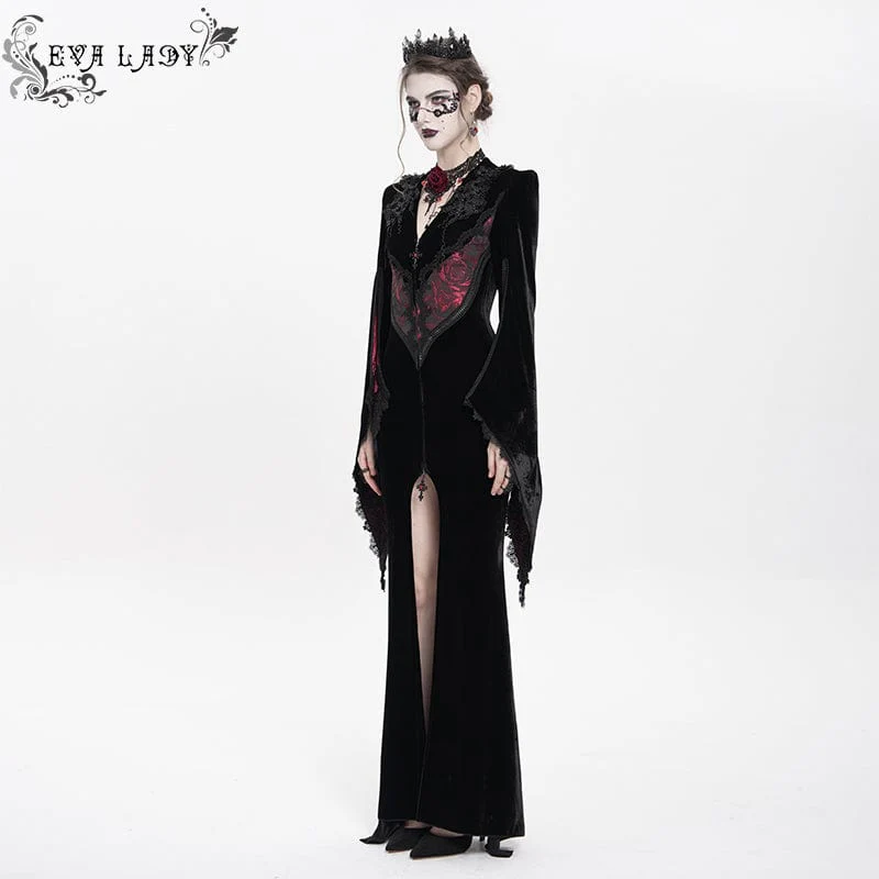 Abito da sposa lungo in velluto ricamato floreale gotico da donna, rosso - immagine 5