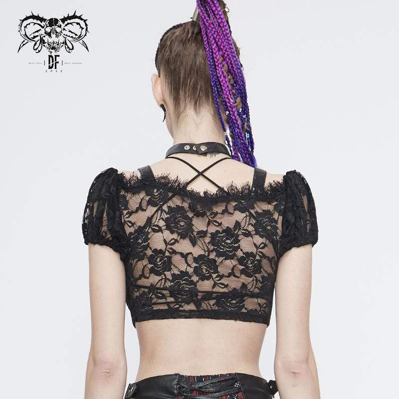 Top a maniche corte a sbuffo con motivo scozzese a quadri scozzesi in pizzo gotico da donna - immagine 4