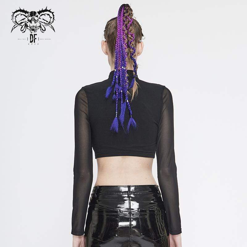 Top a maniche corte a sbuffo con motivo scozzese a quadri scozzesi in pizzo gotico da donna - immagine 4