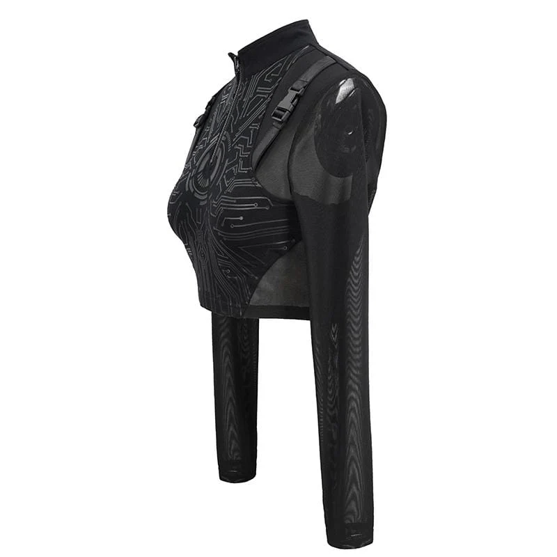 Top a maniche corte a sbuffo con motivo scozzese a quadri scozzesi in pizzo gotico da donna - immagine 6