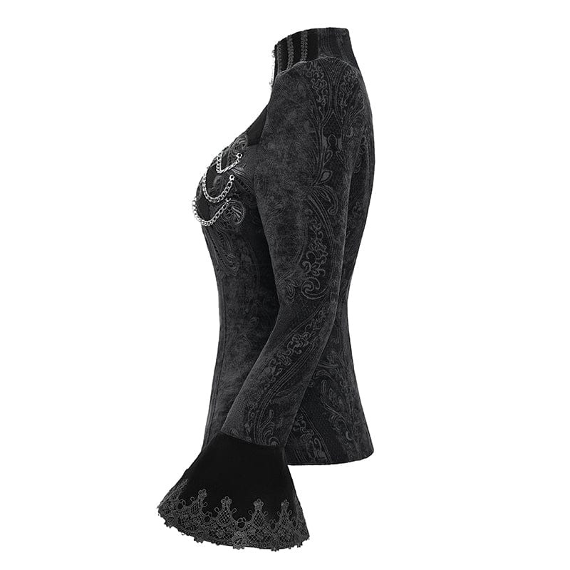 Giacca da donna con colletto alto e maniche svasate in stile gotico, nera - immagine 9