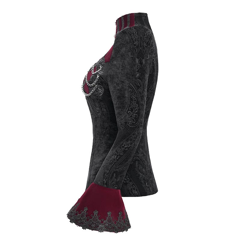 Giacca da donna con colletto alto e maniche svasate in stile gotico, rossa - immagine 9