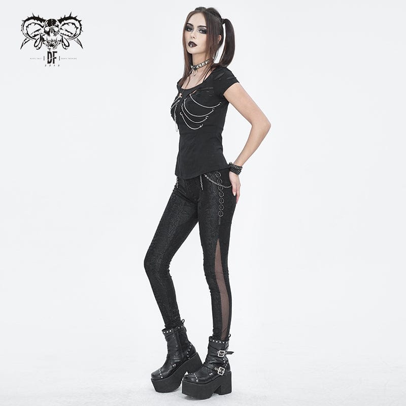 T-shirt a maniche corte con catena strappata con ritaglio punk da donna - immagine 7