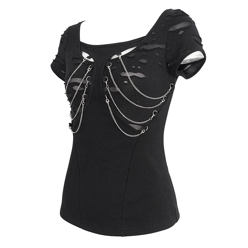 T-shirt a maniche corte con catena strappata con ritaglio punk da donna - immagine 9