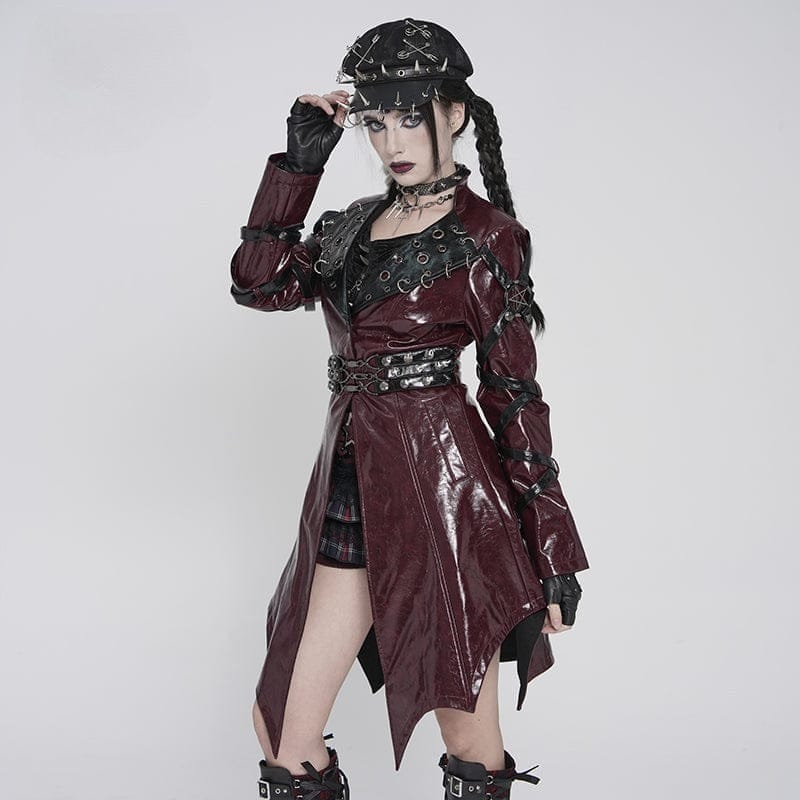 Giacca da donna con colletto rovesciato, occhielli e anelli irregolari punk, nero-rosso - immagine 2