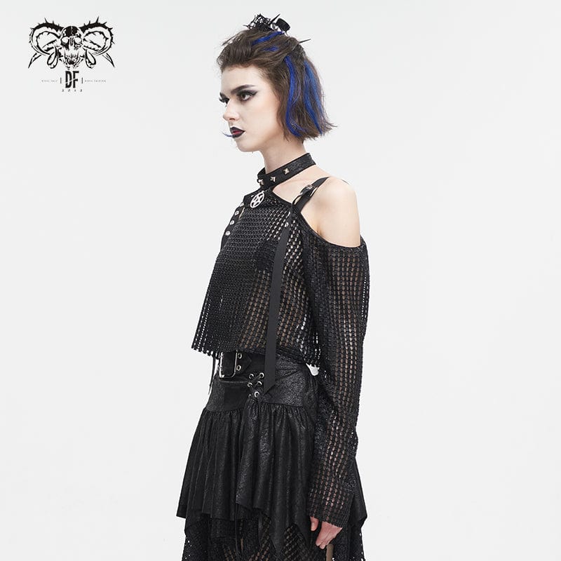 Top corto da donna punk con spalle scoperte e fibbia nera - immagine 5