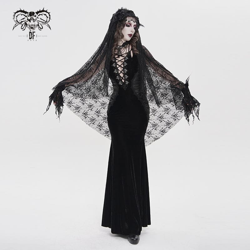 Abito lungo plissettato con scollo profondo in stile gotico da donna, abito da sposa nero - immagine 7