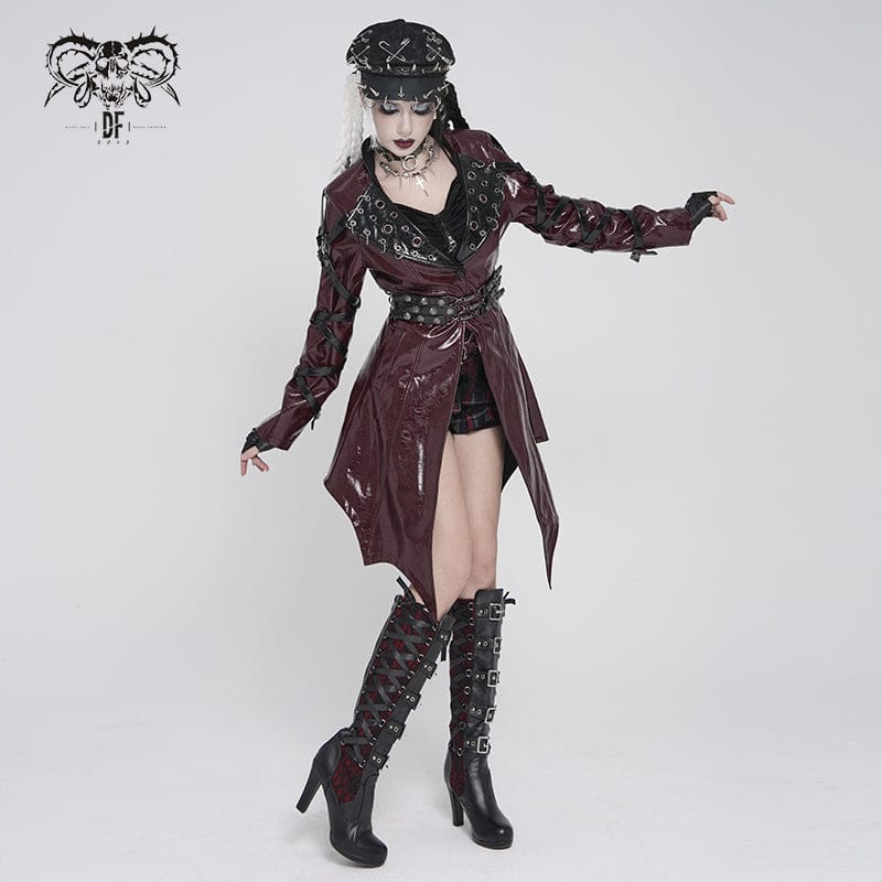 Giacca da donna con colletto rovesciato, occhielli e anelli irregolari punk, nero-rosso - immagine 4