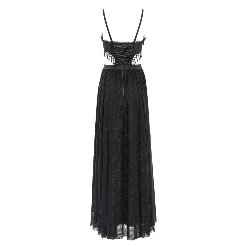 Abito da sposa nero con sottoveste da festa ricamata floreale e ritagliata in stile gotico da donna - immagine 9