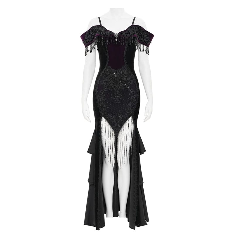 Abito da sposa da donna con spalle scoperte, nappe ricamate floreali gotiche, nero-viola - immagine 8