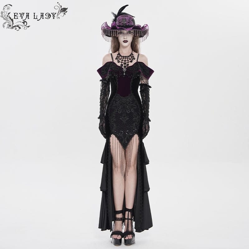 Abito da sposa da donna con spalle scoperte, nappe ricamate floreali gotiche, nero-viola - immagine 2