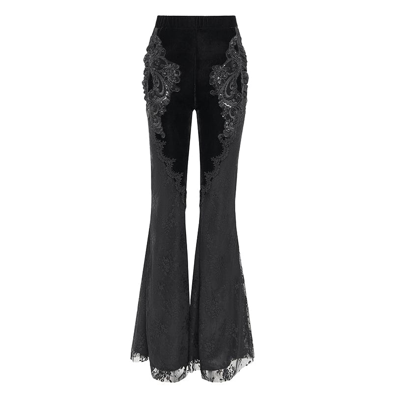 Leggings svasati in pizzo di velluto ricamato floreale gotico da donna, neri - immagine 8