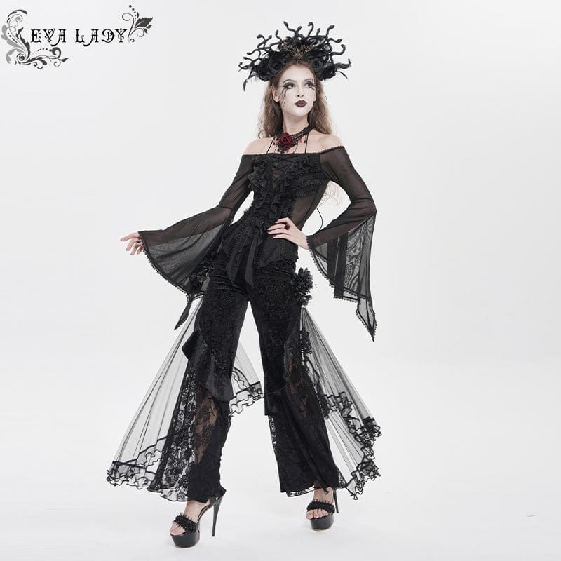 Pantaloni da donna in rete con stampa floreale gotica - immagine 7