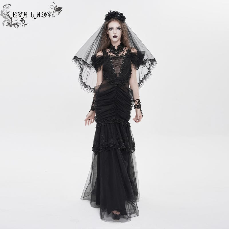 Abito da sposa da donna con spalle scoperte, arricciato e volant in stile gotico - immagine 2