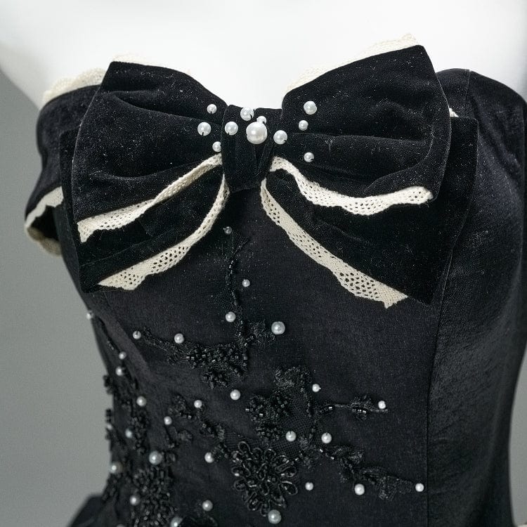 Abito da sposa senza spalline con scollo a V, in stile gotico, con fiocco in perle, su misura per donna - immagine 6