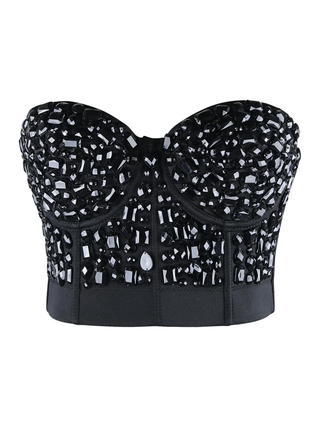 Top corto da donna con reggiseno push-up Clubwear Party con strass punk - immagine 3