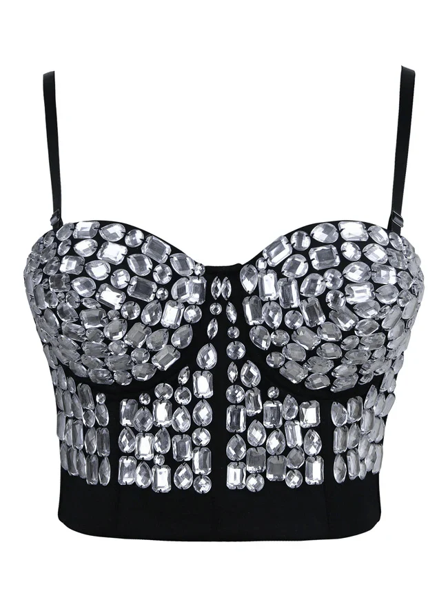 Top corto da donna con reggiseno push-up Clubwear Party con strass punk - immagine 6