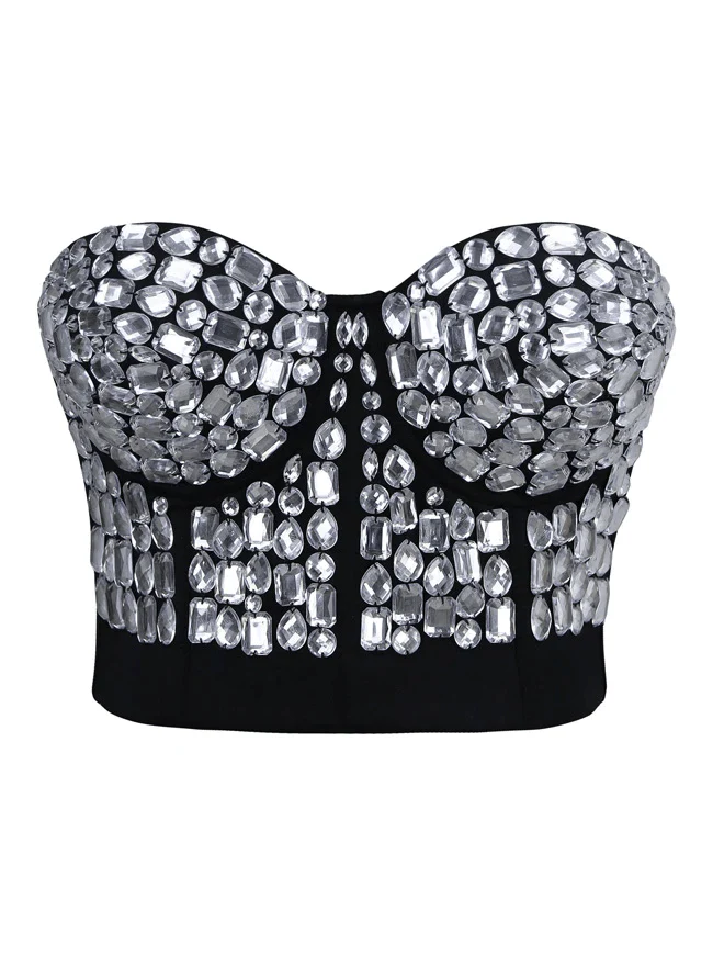 Top corto da donna con reggiseno push-up Clubwear Party con strass punk - immagine 7
