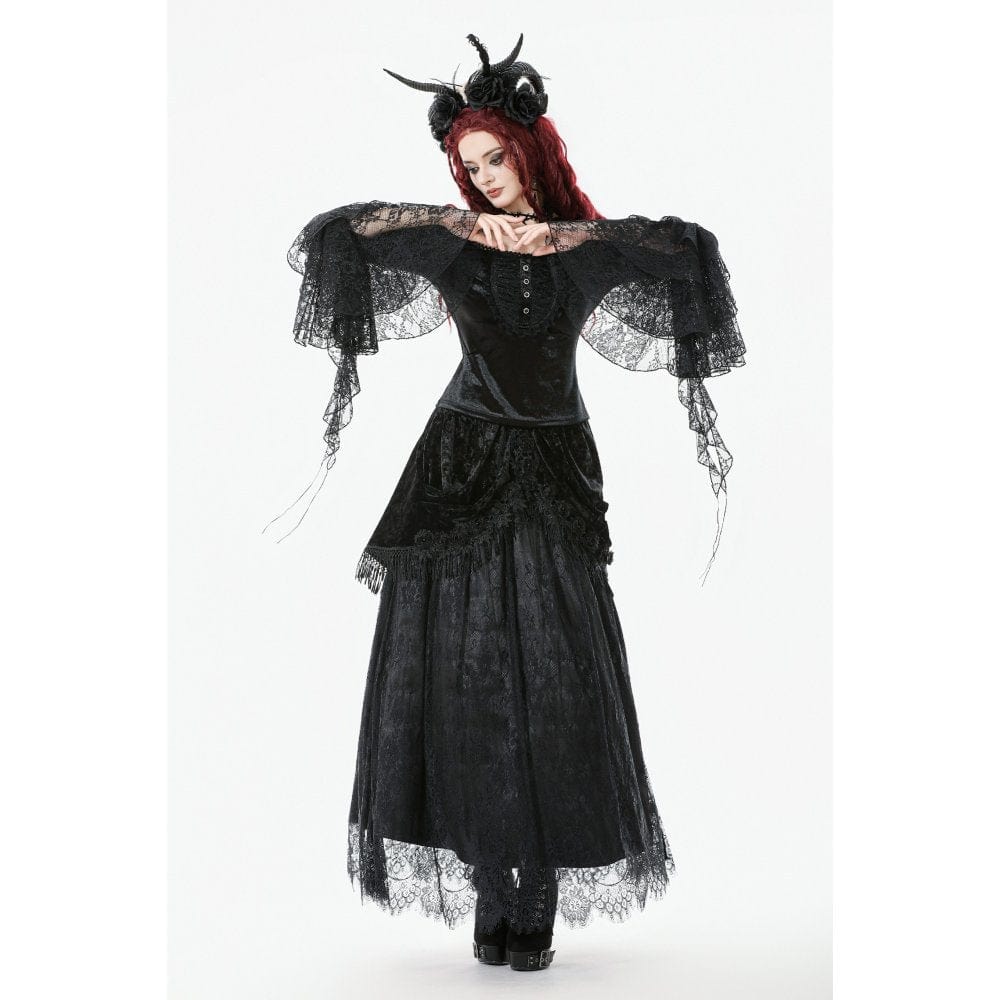 Top in velluto con maniche svasate e colletto squadrato in stile gotico da donna - immagine 8