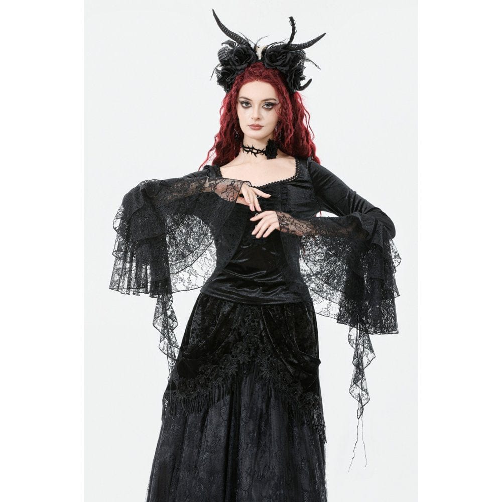 Top in velluto con maniche svasate e colletto squadrato in stile gotico da donna - immagine 4