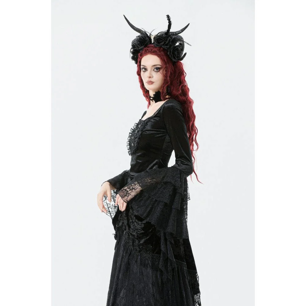 Top in velluto con maniche svasate e colletto squadrato in stile gotico da donna - immagine 5