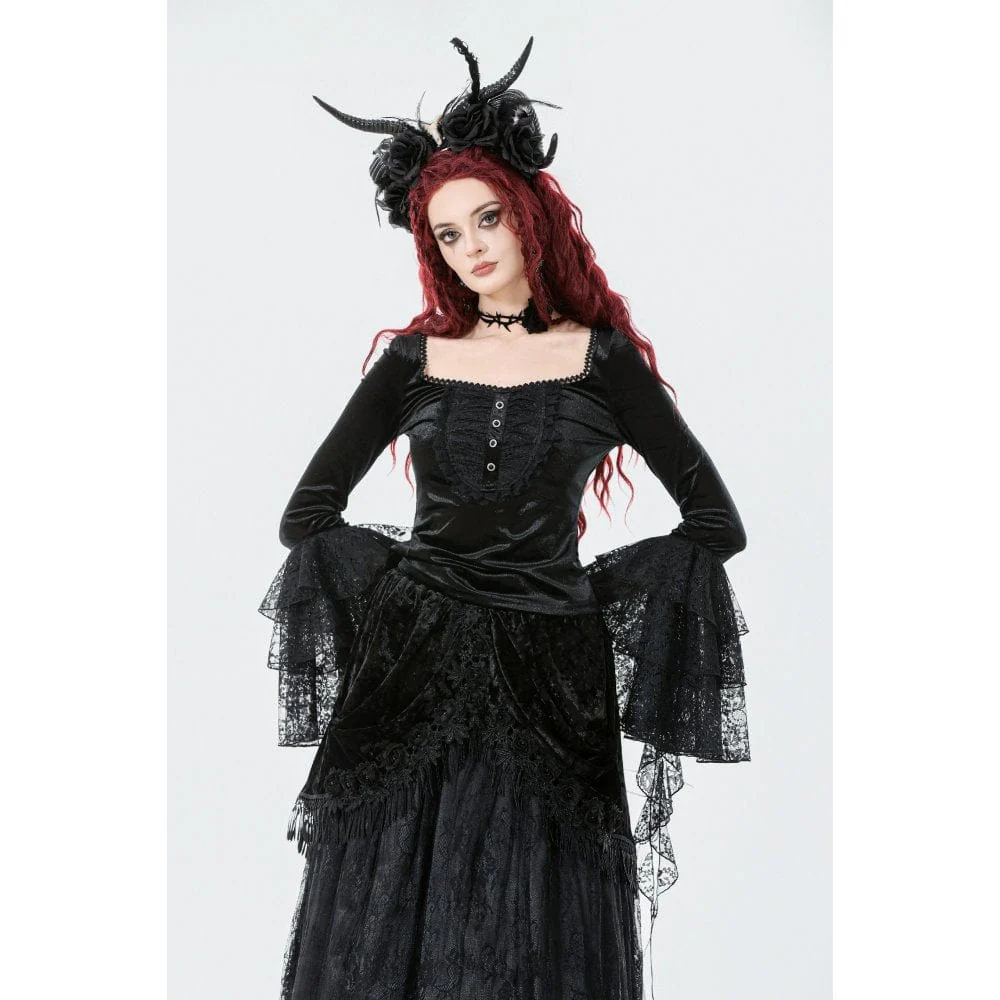 Top in velluto con maniche svasate e colletto squadrato in stile gotico da donna - immagine 3