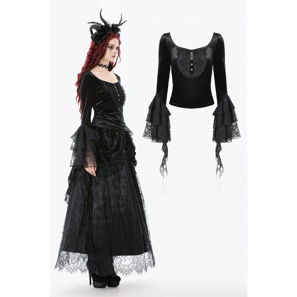 Top in velluto con maniche svasate e colletto squadrato in stile gotico da donna - immagine 2