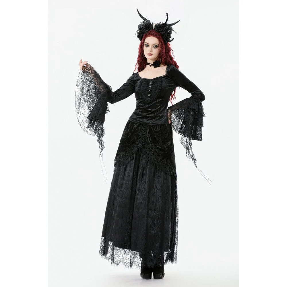 Top in velluto con maniche svasate e colletto squadrato in stile gotico da donna - immagine 7