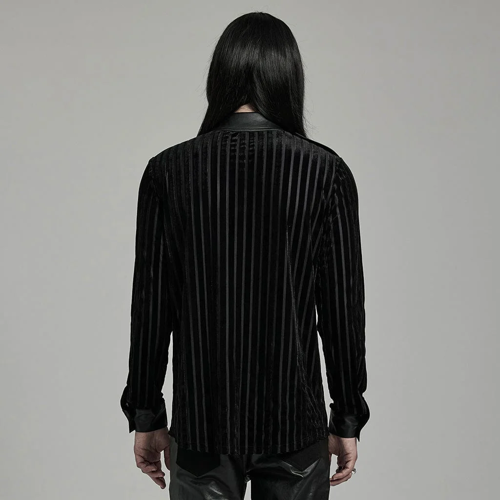 Camicia da uomo in velluto a righe con giunture in ecopelle gotica - immagine 4