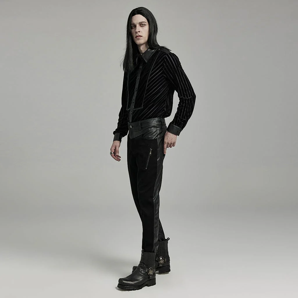 Camicia da uomo in velluto a righe con giunture in ecopelle gotica - immagine 5