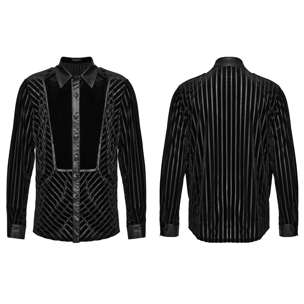 Camicia da uomo in velluto a righe con giunture in ecopelle gotica - immagine 6