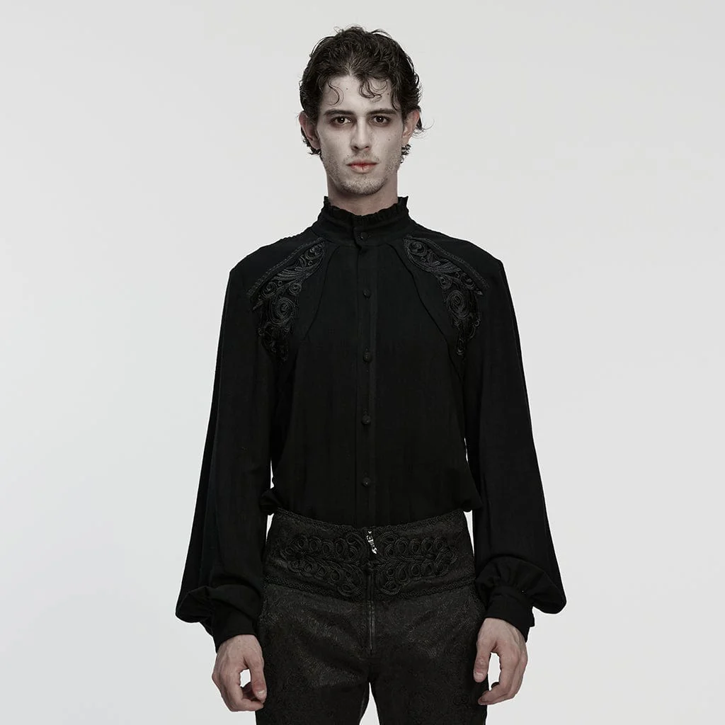 Camicia da uomo con colletto rialzato, maniche a lanterna, decalcomania floreale gotica, nera - immagine 2