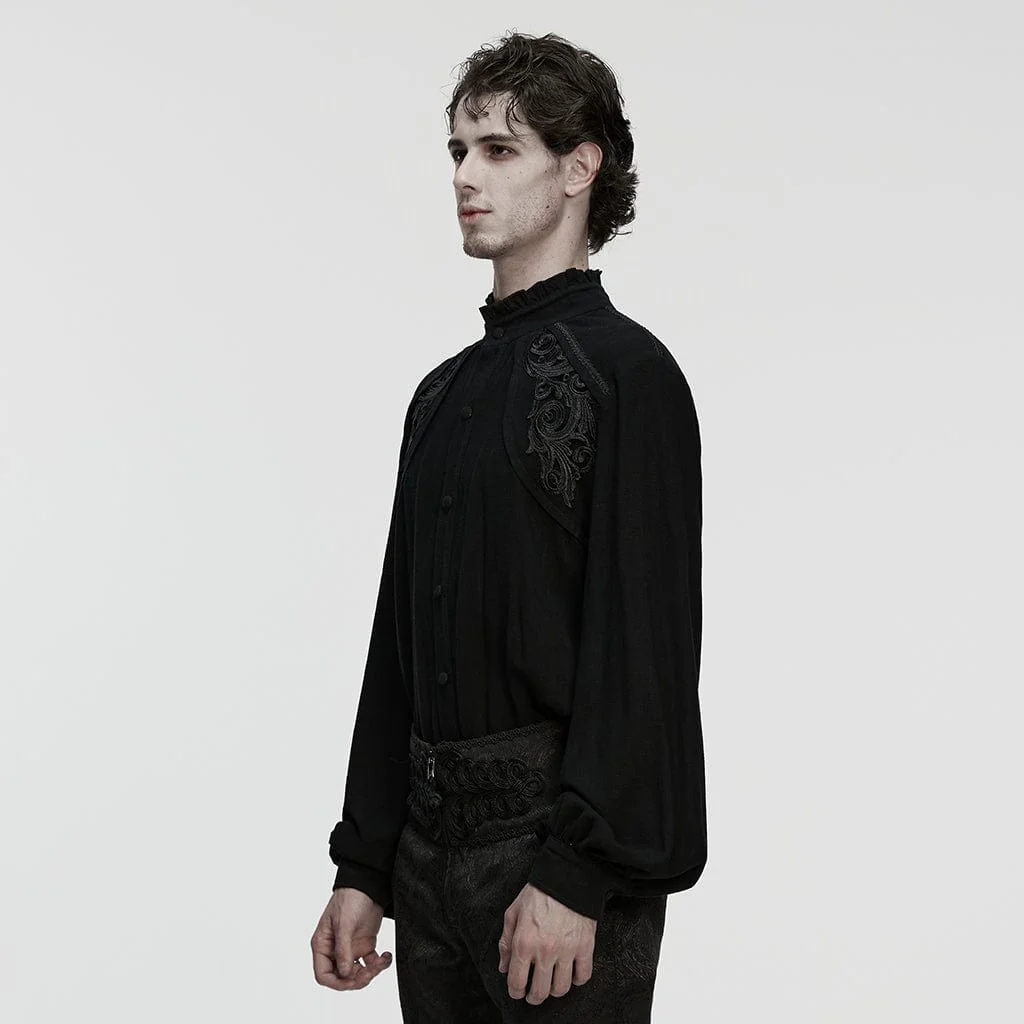 Camicia da uomo con colletto rialzato, maniche a lanterna, decalcomania floreale gotica, nera - immagine 3