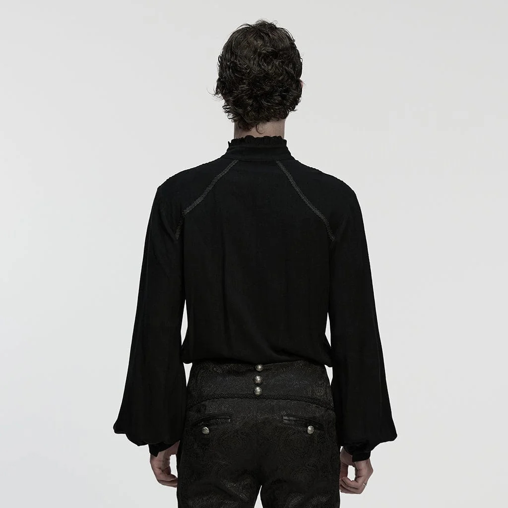 Camicia da uomo con colletto rialzato, maniche a lanterna, decalcomania floreale gotica, nera - immagine 4