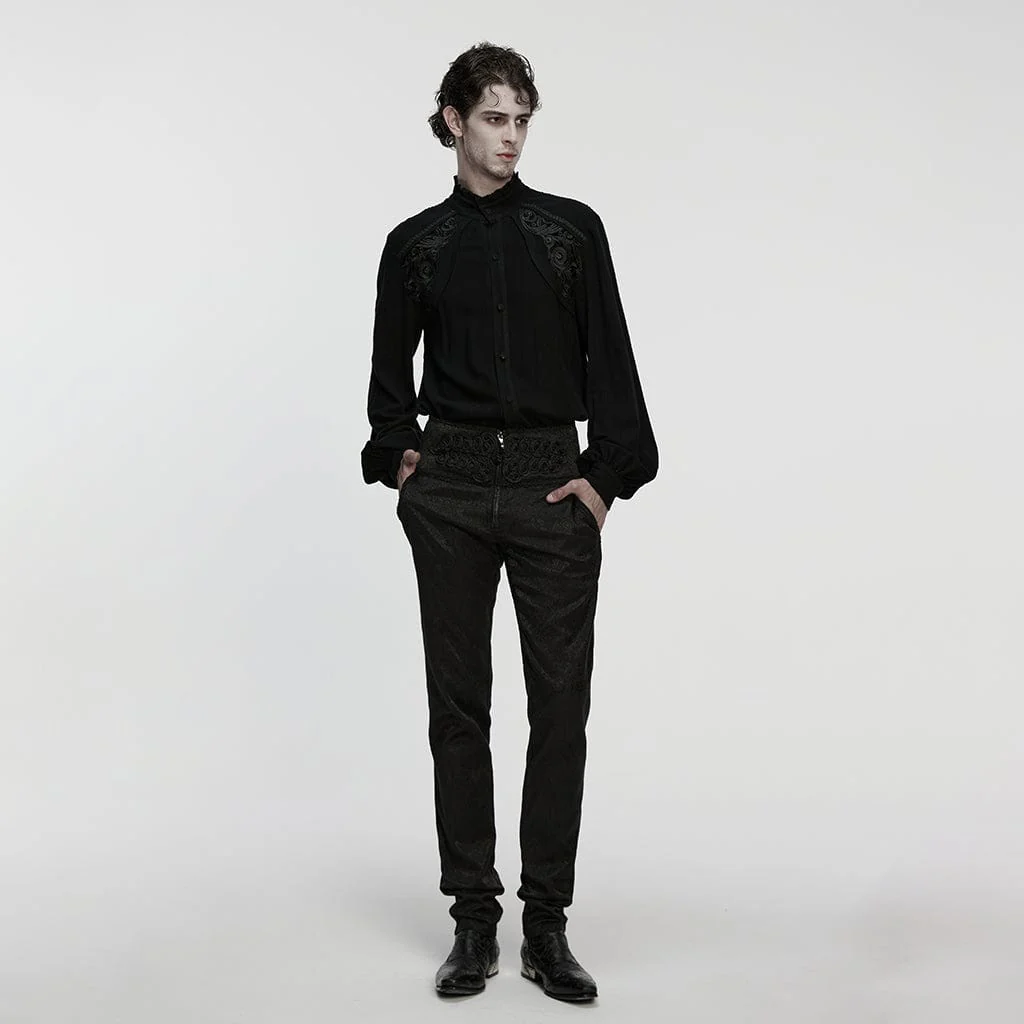 Camicia da uomo con colletto rialzato, maniche a lanterna, decalcomania floreale gotica, nera - immagine 5
