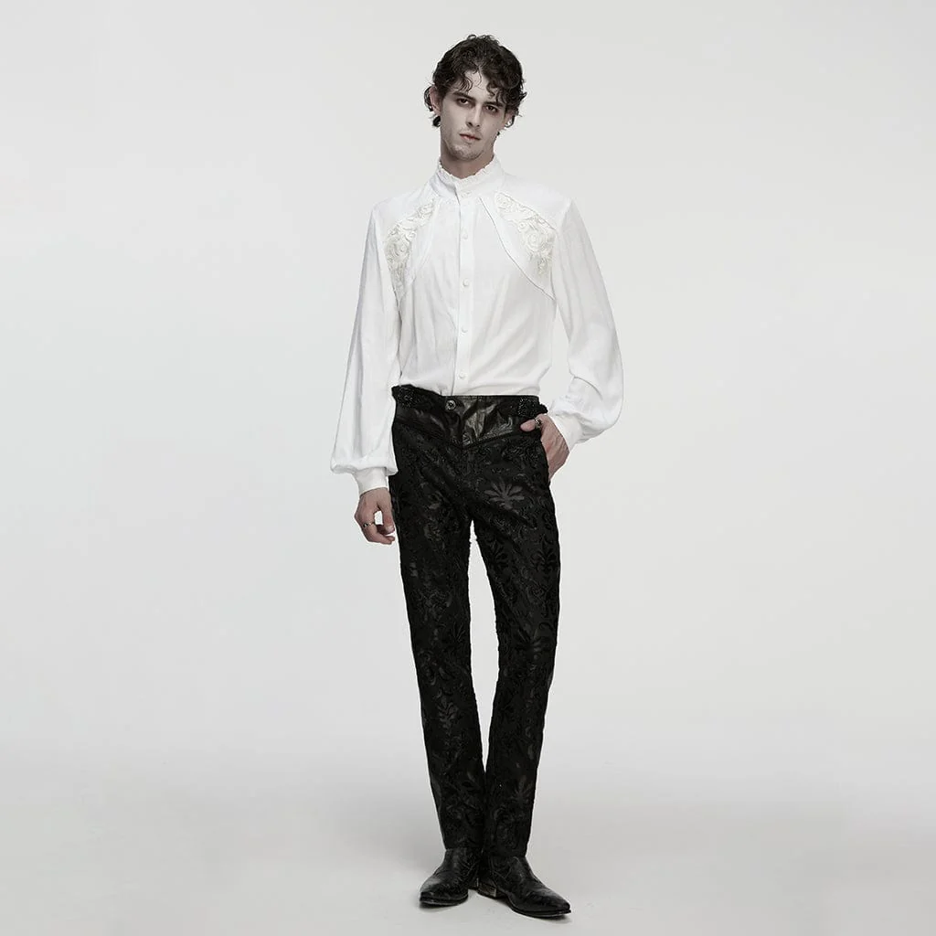 Camicia da uomo con colletto rialzato, maniche a lanterna, decalcomania floreale gotica, bianca - immagine 5