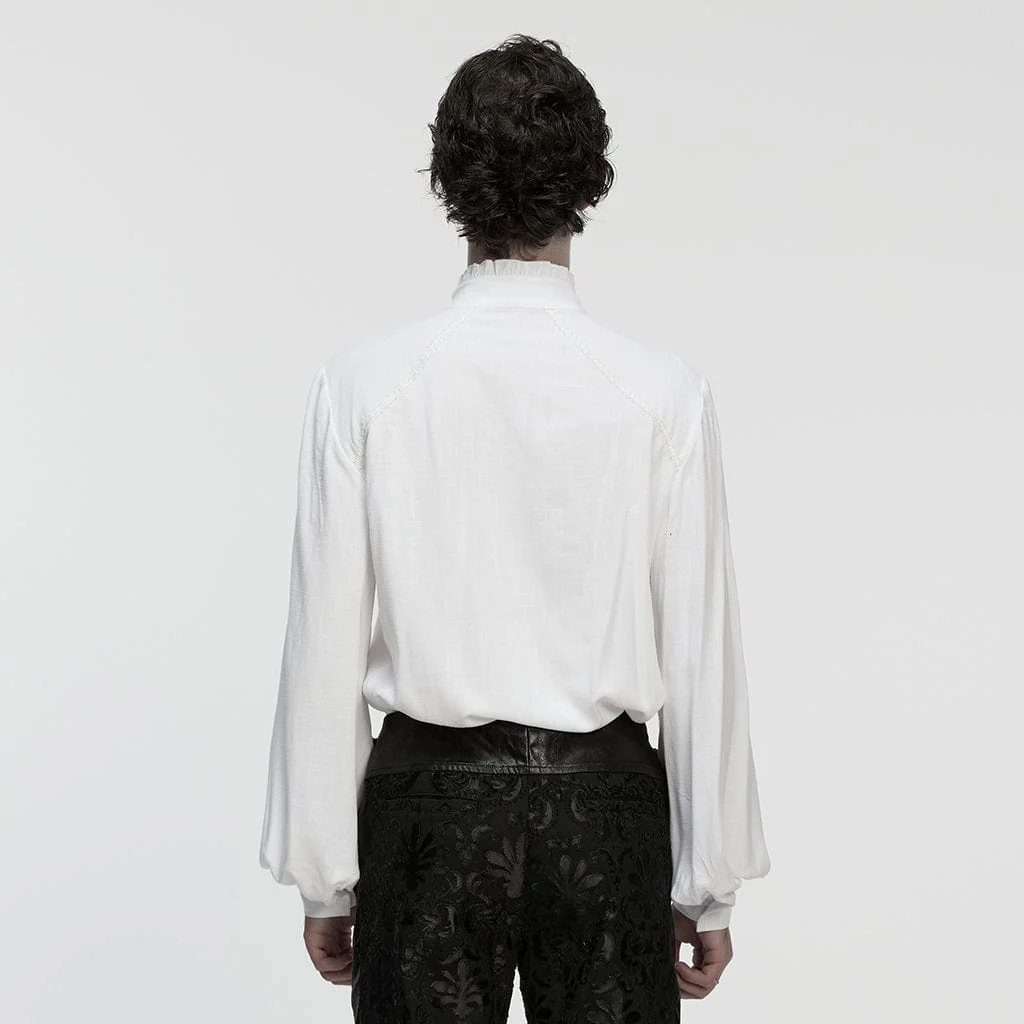 Camicia da uomo con colletto rialzato, maniche a lanterna, decalcomania floreale gotica, bianca - immagine 4