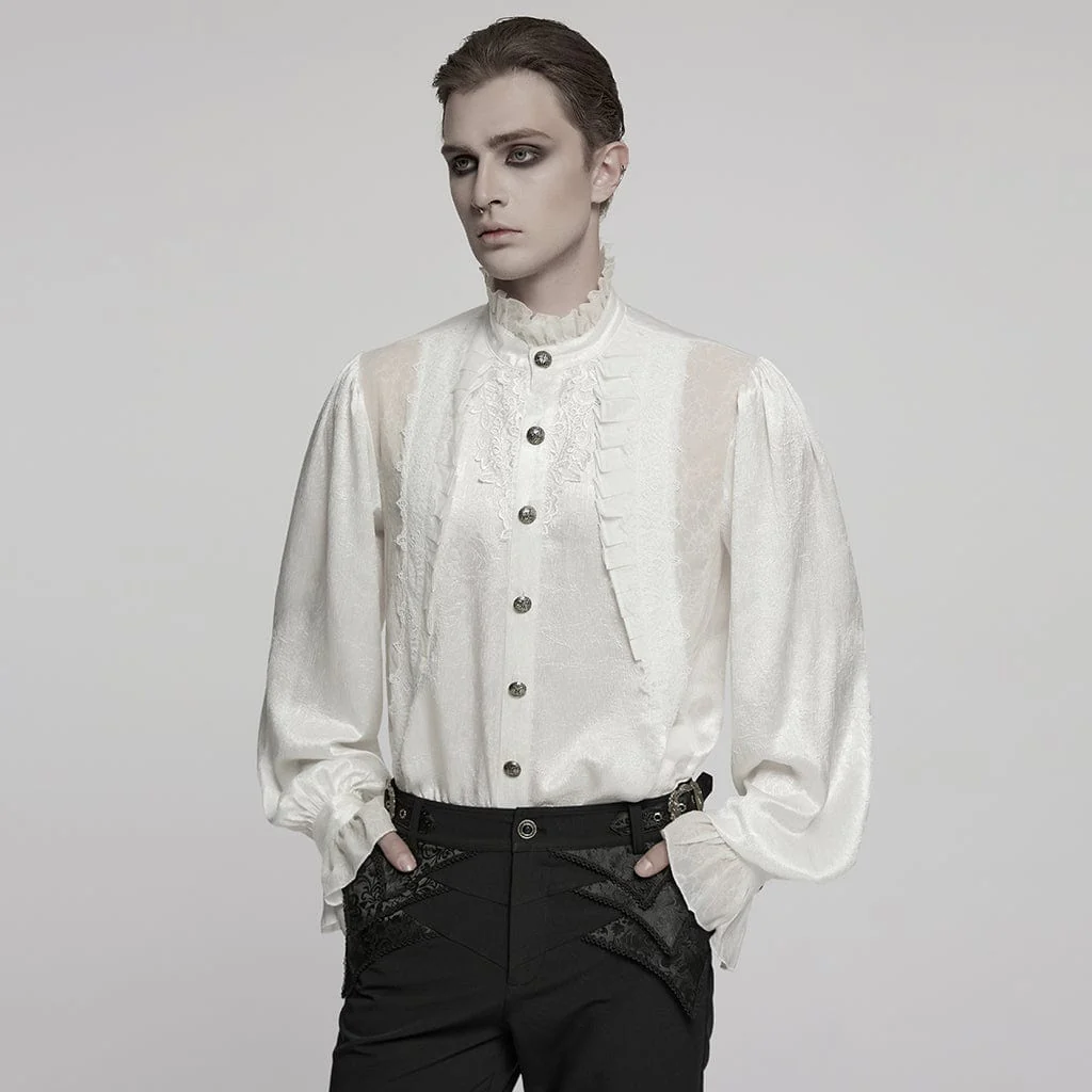 Camicia da uomo in stile gotico con maniche a sbuffo e volant a forma di rosa, bianca - immagine 2